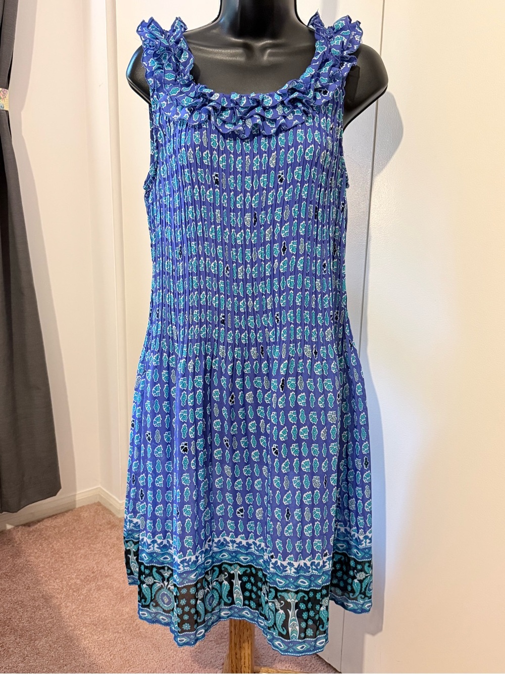 Alfani Sleeveless Blue Printed Ruffle Neck Sundress